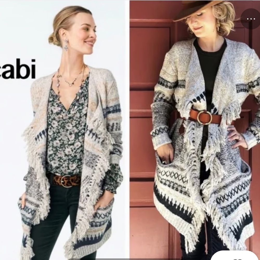CABI Shetland Fringe Cardigan Sweater cotton Stretch Pockets Open Front Fringe S